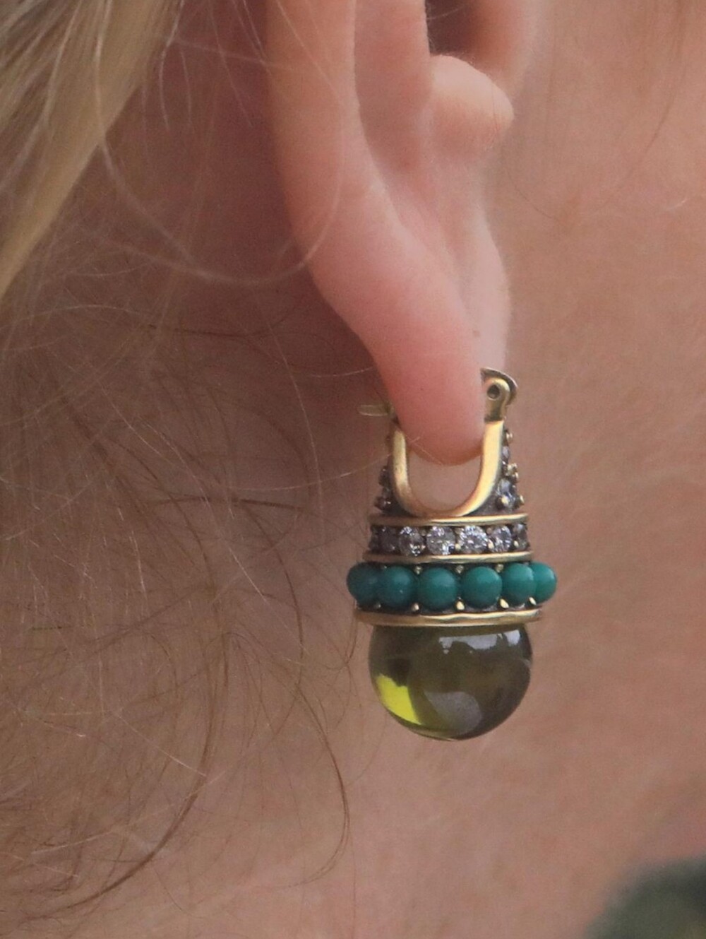 Gold-Tone Green Glass & Turquoise Bead Drop Earrings